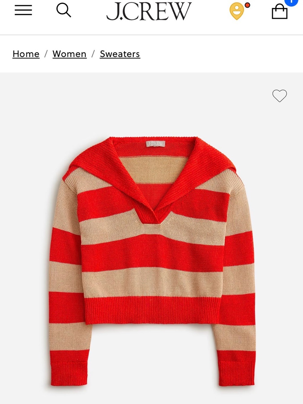 J. Crew Red and Tan Striped V-Neck sailor Collar Sweater